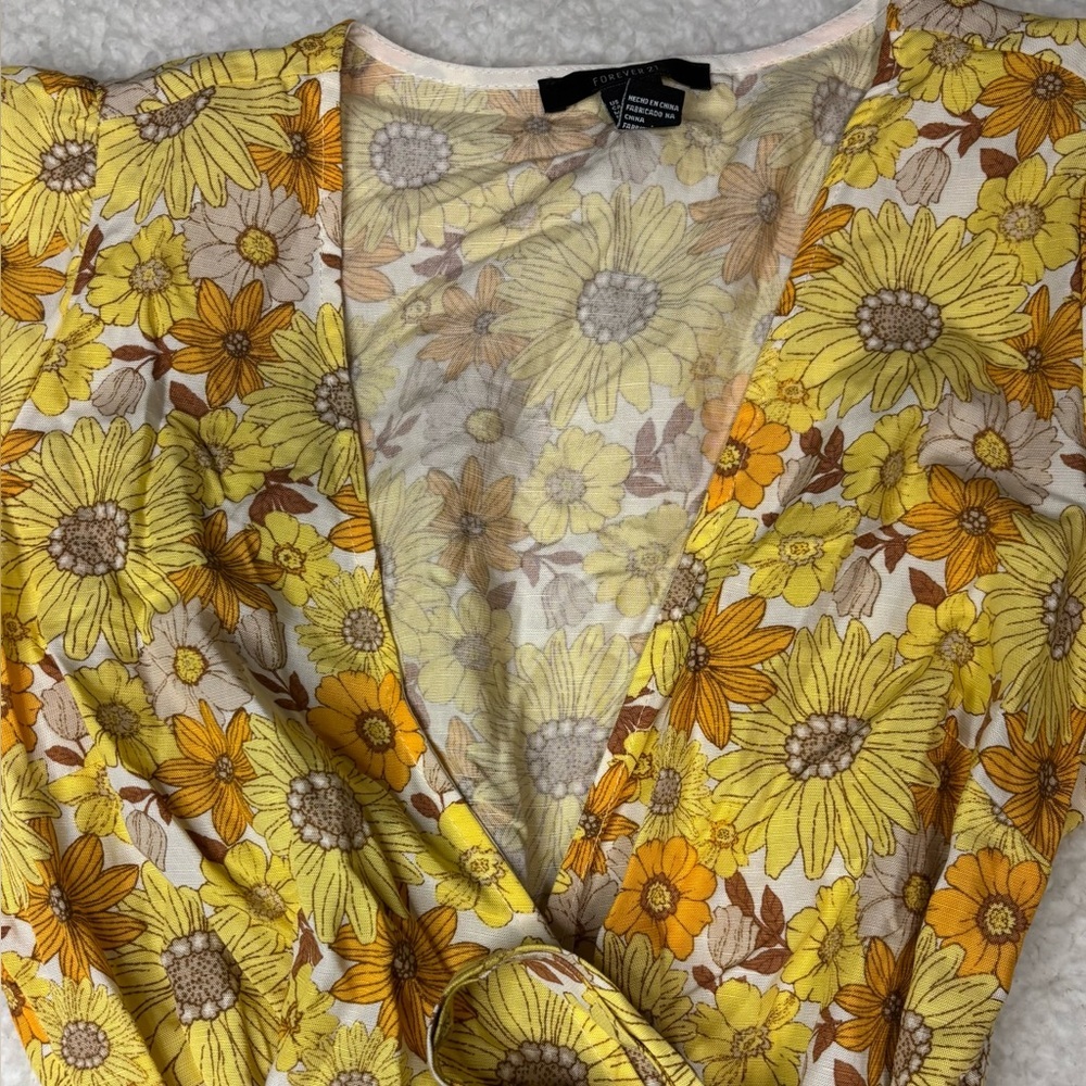 Forever 21 Women Yellow Sunflower Wrap Mini Dress - Picture 5 of 10